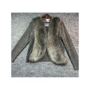 La Seine Womens Grey Marled Knit Faux Fur Trim Open Front Cardigan Jacket Small